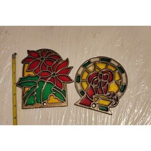 Vintage Poinsettia & Nativity 5" Stained Glass Color Xmas Ornament Sun Catcher